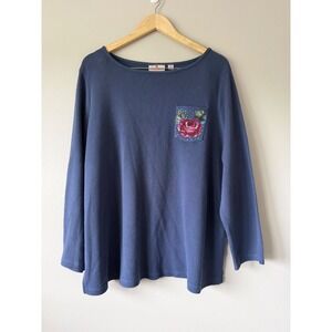 Quacker Factory Blue Waffle Knit Top Rose Embroidered Pocket Rhinestones 2X